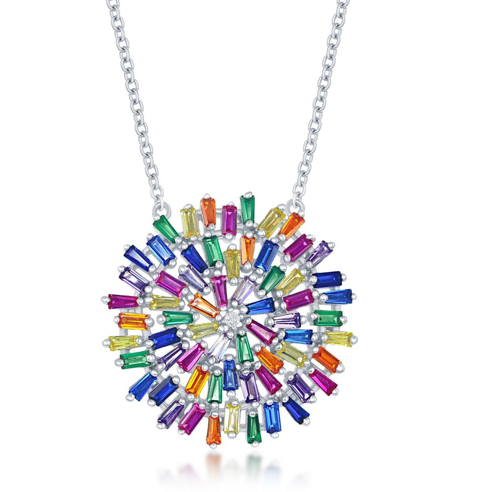 Sterling Silver Rainbow Baguette Cubic Zirconia Round 16+2