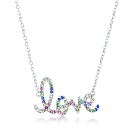 Sterling Silver Rainbow CZ ‘Love’ Script 16+2’’ Necklace