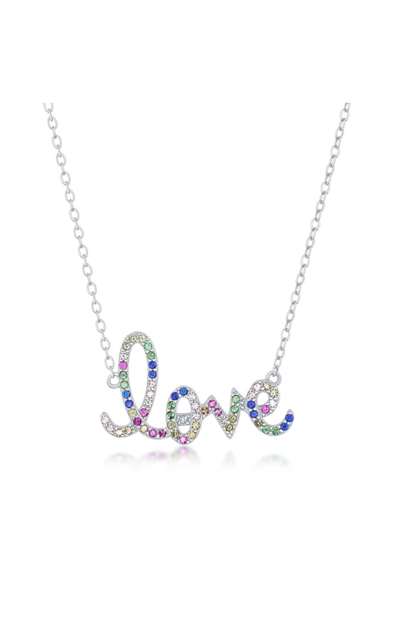 Sterling Silver Rainbow CZ ‘Love’ Script 16+2’’ Necklace