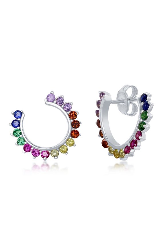 Sterling Silver Rainbow CZ Open Hoop Earrings