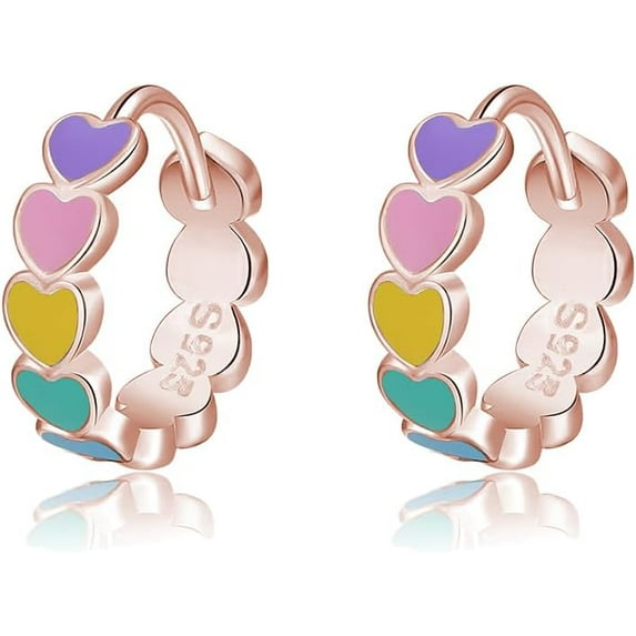Sterling Silver Rainbow Heart Hoop Earrings for Women Teens Colorful Love Earrings Huggie for Valentines Day