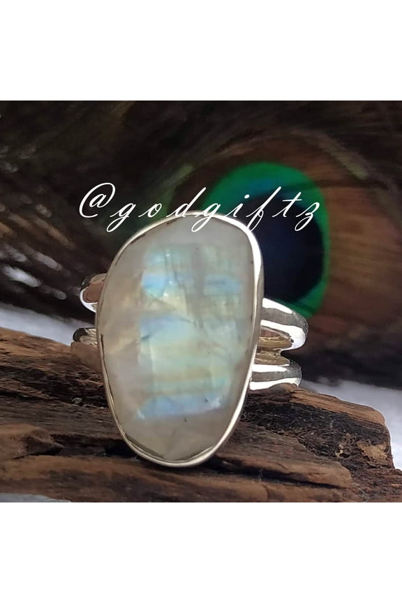 Sterling Silver Rainbow Moonstone Ring: Faceted Gemstone, Cocktail Style