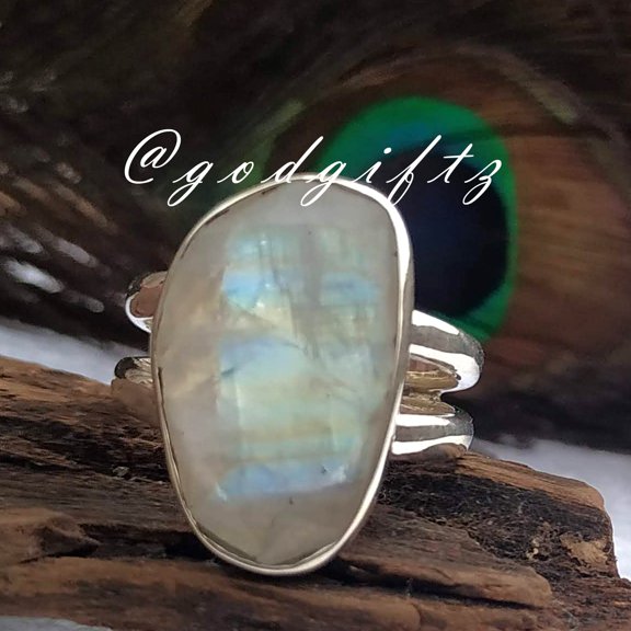 Sterling Silver Rainbow Moonstone Ring: Faceted Gemstone, Cocktail Style