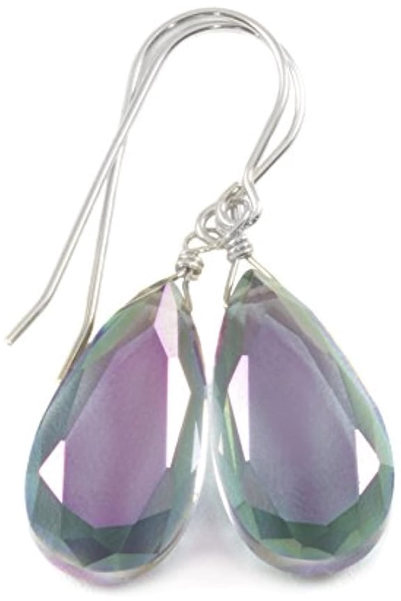 Sterling Silver Rainbow Mystic Simulated Topaz Earrings Faceted Teardrops Simple Dainty Drops 1.4"