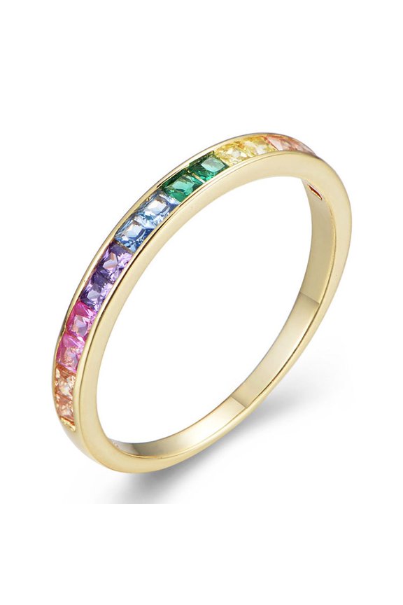 Sterling Silver Rainbow Zircon Ring Micro Set Square With Geometric Diamond Cut Design For Women Elegant Style