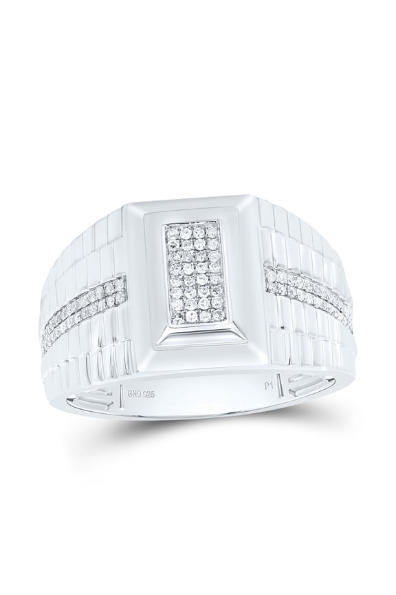 Sterling Silver Real Diamond Scalloped Oblong Domed Rectangle Pinky Ring 1/4 CT