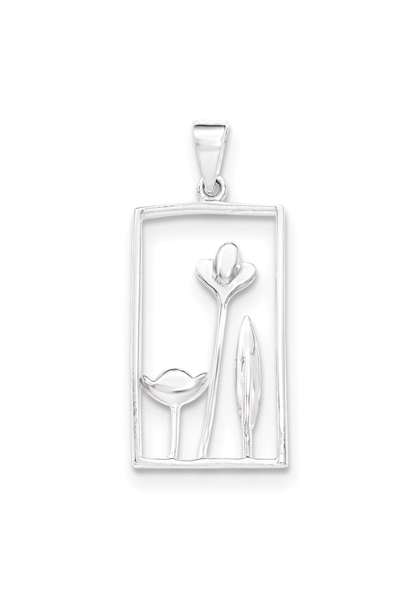 Sterling Silver Polished Rectangle Flower Pendant