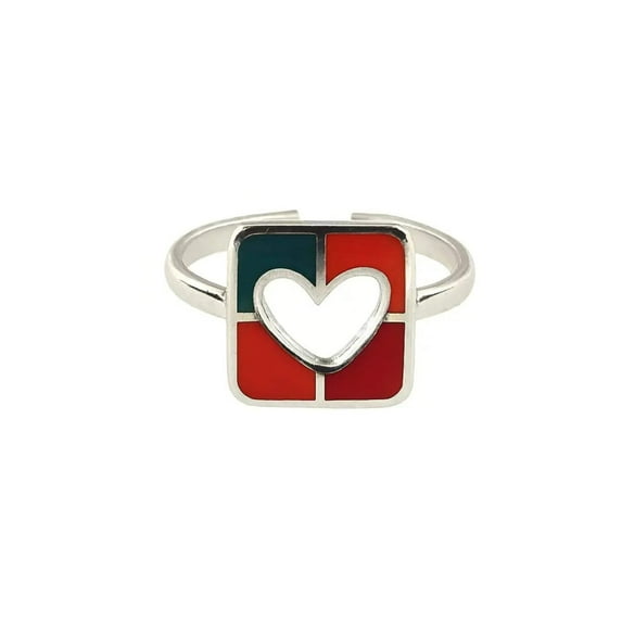 Sterling Silver Rectangle Orange Red and Green cut-out Heart Adjustable open Ring