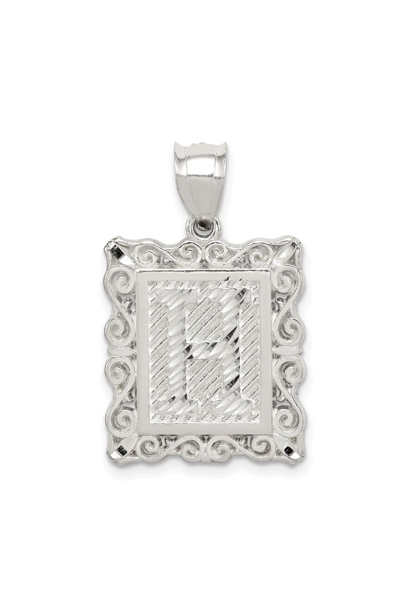 925 Sterling Silver Rectangle Initial Pendant Charm, Scroll Border, Diamond-Cut