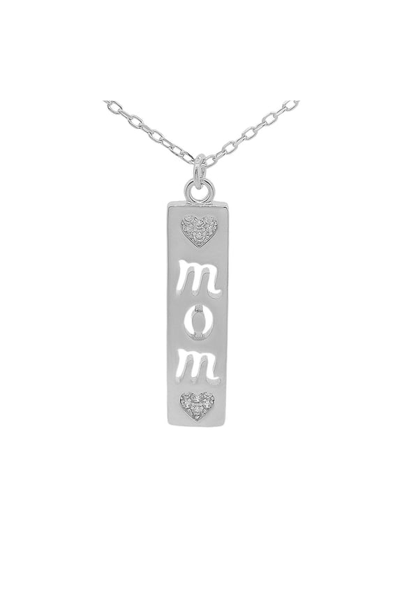 Sterling Silver Rectangle Pendant W/ Cut-Out "MOM" CZ Hearts Necklace