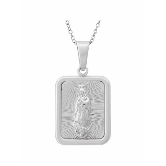 Sterling Silver Rectangle Virgin Mary Pendant, 18"