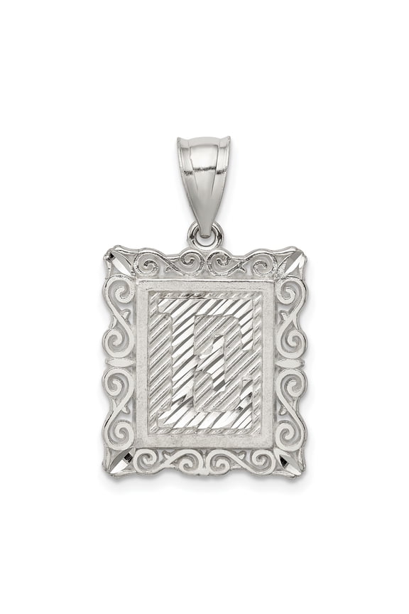 925 Sterling Silver Letter L Initial Pendant Charm, Diamond-Cut Rectangle Filigree