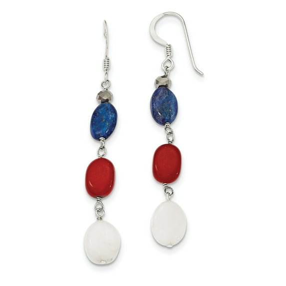 Sterling Silver Red Coral/Crystal/White Jade/Lapis Dangle Earrings (64 X 10) Made In Thailand qe9719