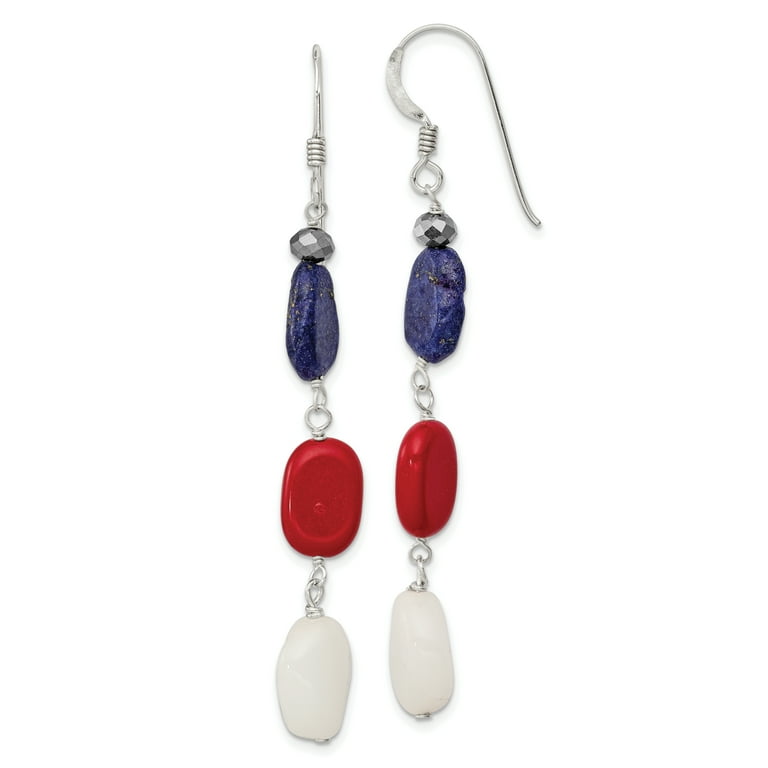 Sterling Silver Red Coral, Crystal, White Jade & Lapis Dangle Earrings Sterling Silver Red Coral, Crystal, White Jade & Lapis Dangle Earrings