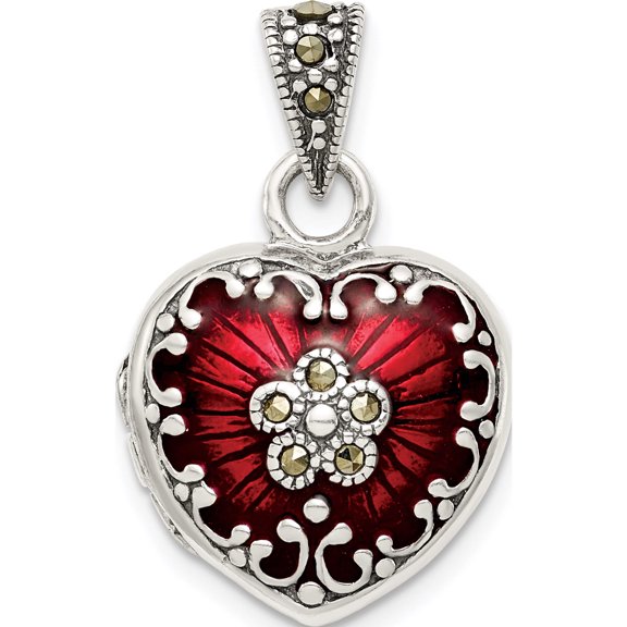 Jewelry by Sweet Pea Sterling Silver Antiqued Red Enamel and Marcasite Heart Locket