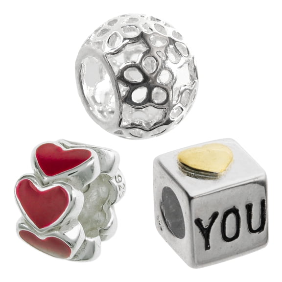 Sterling Silver Red Enamel Heart Daisy Flower Love You Cube Bead Charm Sets for European Charm Bracelets