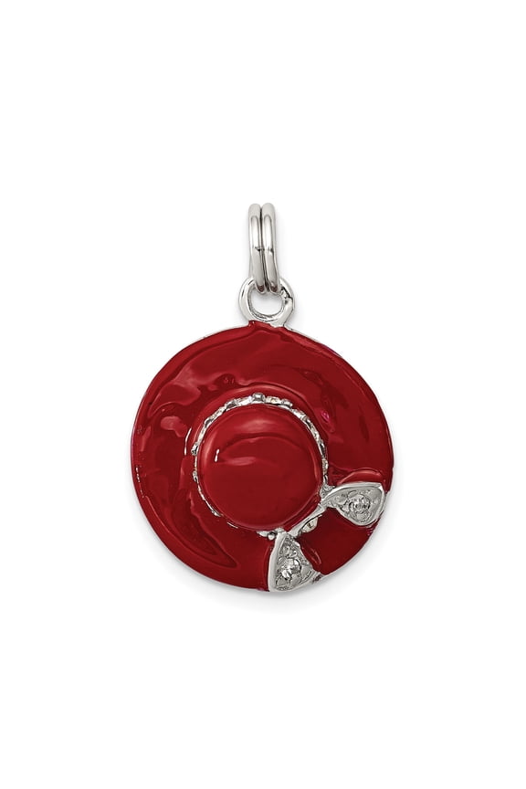 Sterling Silver Red Enamel Wide-Brim Hat Charm with Bow for Women, Elegant Fashion Jewelry for Bracelet or Necklace
