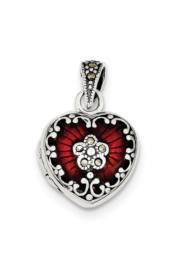 Sterling Silver Red Enamel and Marcasite Heart Locket - 5/8 Inch X 3/4 Inch - Measures 25.85x16.75mm Wide