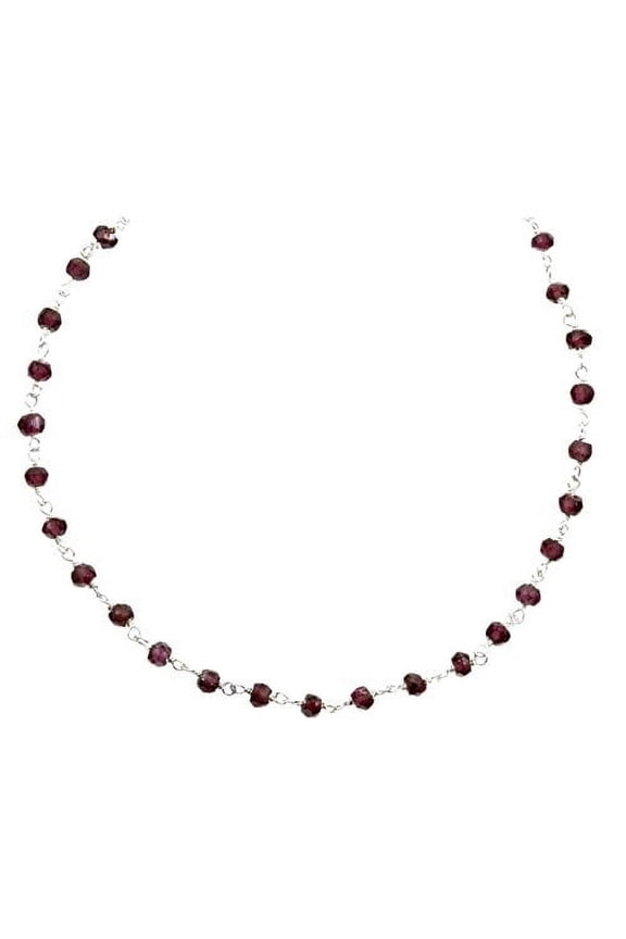 Sterling Silver Red Garnet Necklace Faceted Rondelles Beaded Silvertone Wired Chain, 18" Designed for Adult Women