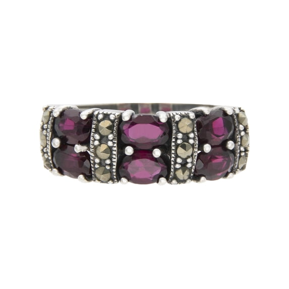 Sterling Silver Red Garnet and Marcasite Statement Ring, Size 6
