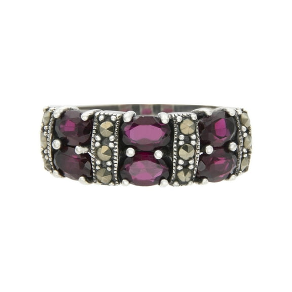 Sterling Silver Red Garnet and Marcasite Statement Ring, Size 9