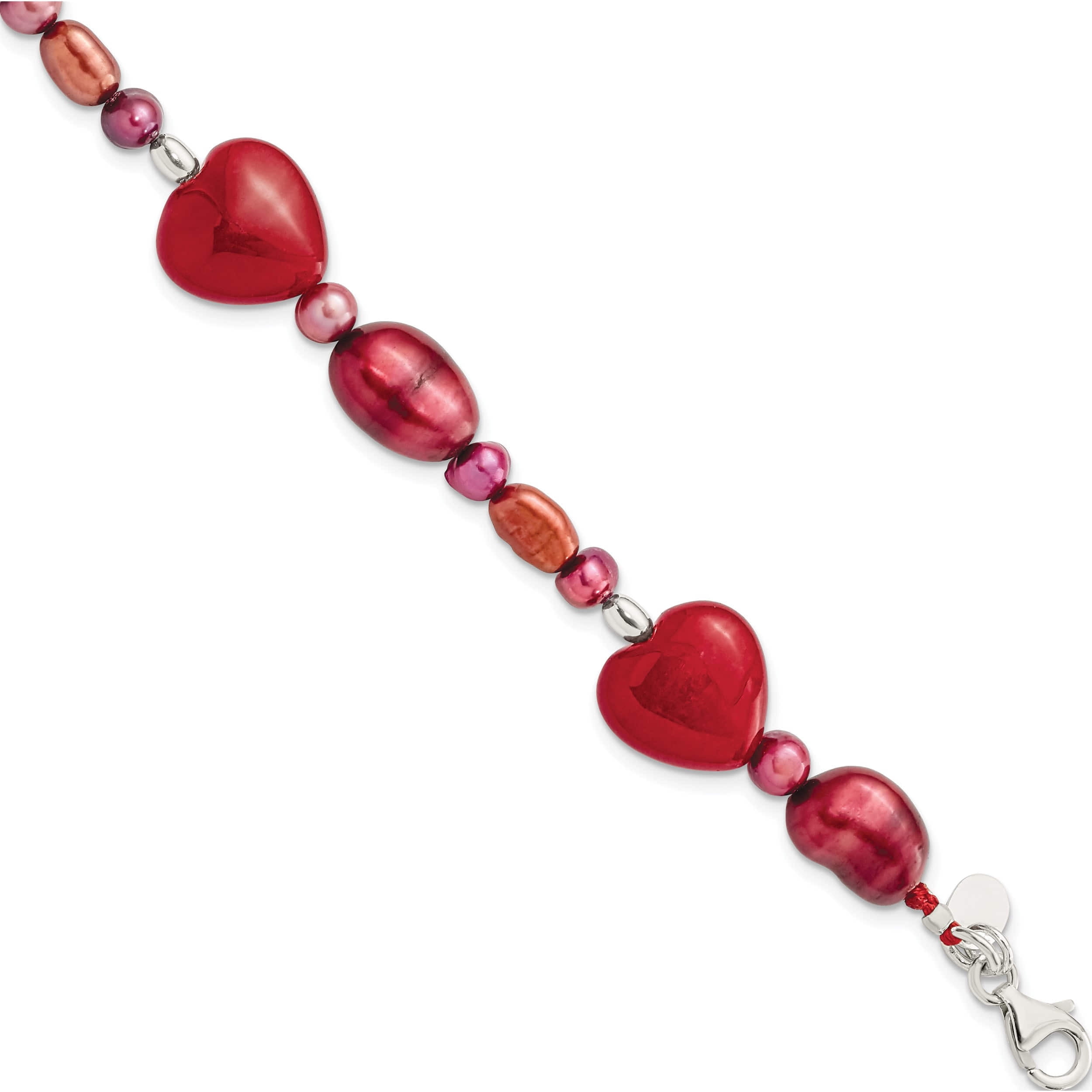 JEWELRY BY SWEET PEA Sterling Silver Red Jade Hearts/Fw Cultured Pearl Bracelet Made In Thailand qh4558-7.5