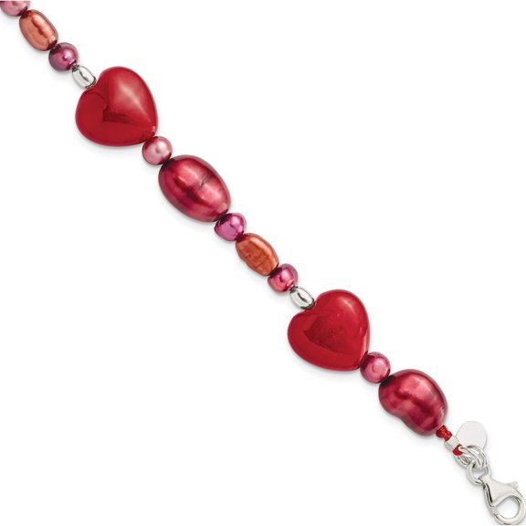 Jewelry by Sweet Pea Sterling Silver Red Jade Hearts/FW Cultured Pearl Bracelet