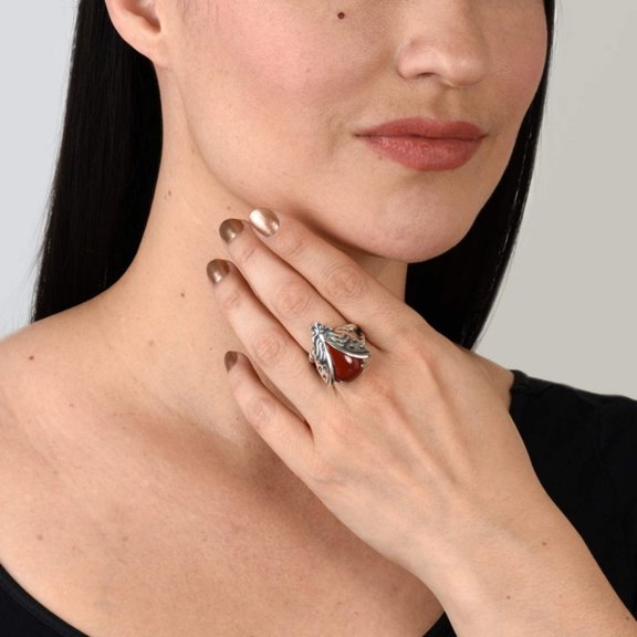 Sterling Silver Red Jasper Gemstone Ladybug Ring, Sizes 5 to 10