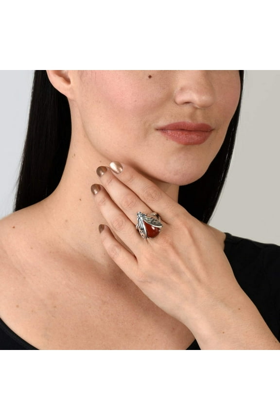 Sterling Silver Red Jasper Gemstone Ladybug Ring, Sizes 5 to 10