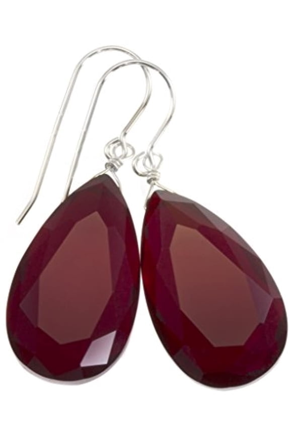 Sterling Silver Red Simulated Ruby Earrings Faceted Large Pear Teardrops Simple Briolette Dangle Drops Designed for Adult Women