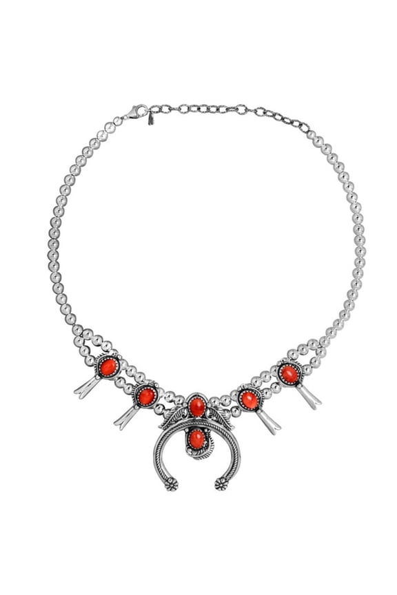 Sterling Silver Red Spiny Oyster Squash Blossom Naja Necklace, 17 to 20 Inches