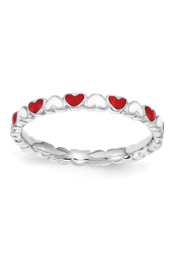Sterling Silver Red & White Enamel Heart Ring