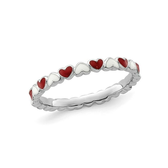 Gem & Harmony Sterling Silver Red and White Enamel Heart Ring Band for Women