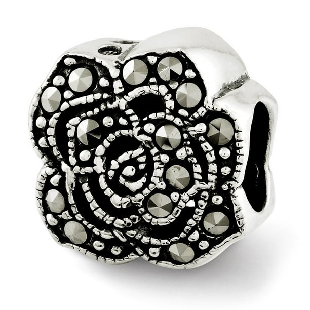 Sterling Silver Reflections Marcasite Flower Bead Charm - Measures 9.09x8.18mm Wide