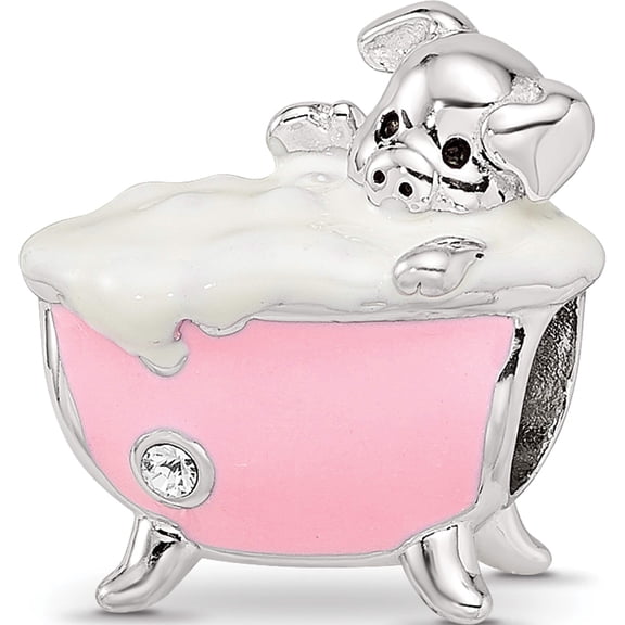 Sterling Silver Reflections Rh-Plated Pink Enamel & Cz Pig In Bathtub Bead (9.48 X 13.13) Made China qrs3958