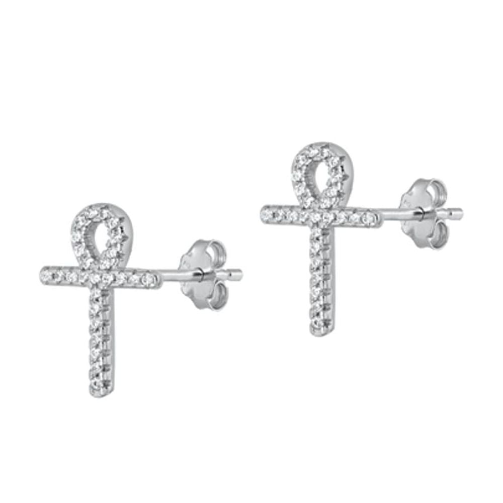Sterling Silver Religious Egyptian Ankh Cross Clear CZ Stud Earrings 925 New Jewelry Female