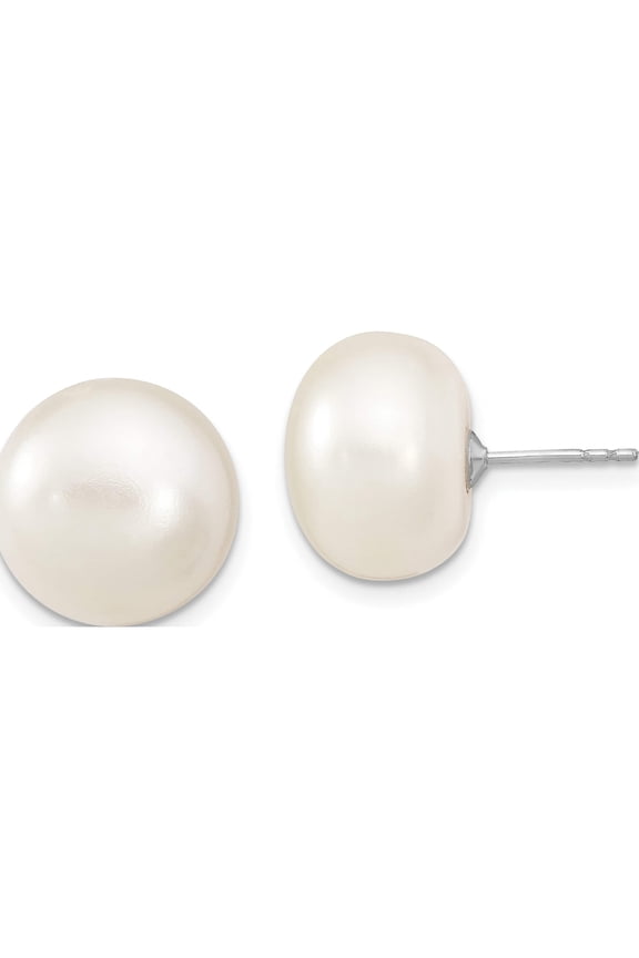Sterling Silver Rhodium-plated 13-14mm White Button Freshwater Cultured Pearl Post Earrings