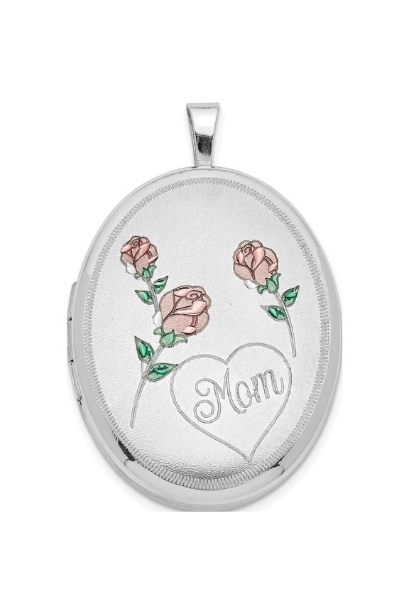 Sterling Silver Rh 26mm Satin/Polished Enameled Roses Mom Oval Locket (31.5 X 20.5) Made In Hong Kong qls926