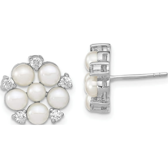Sterling Silver Rh 3-5mm White Button Fwc Pearl Cz Post Earrings (13.11 X 13.11) Made In China qe13869
