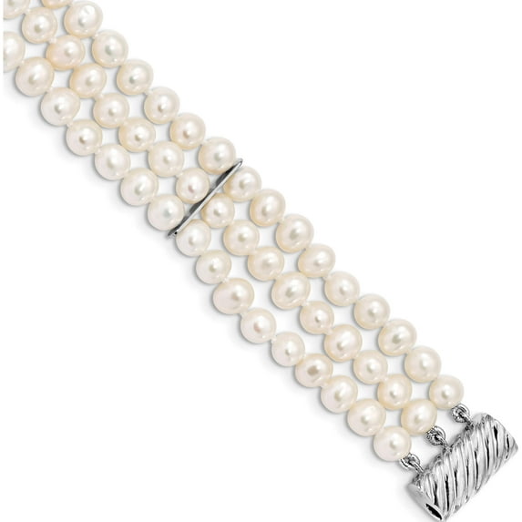 Sterling Silver Rh 6-7mm White Fwc Pearl 3 Strand Bracelet (7 X 16.8) Made In Canada qh5365-7.5