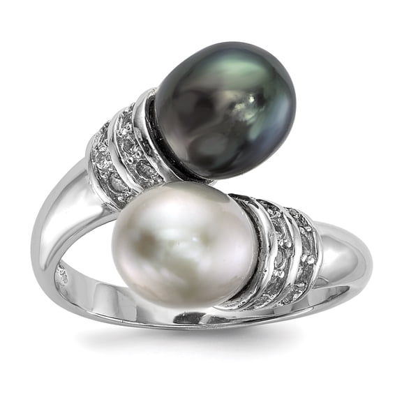 Sterling Silver Rh 7-8mm Black/Grey Rice Fwc Pearl Cz Ring (Size 8) Made In China qr6549-8