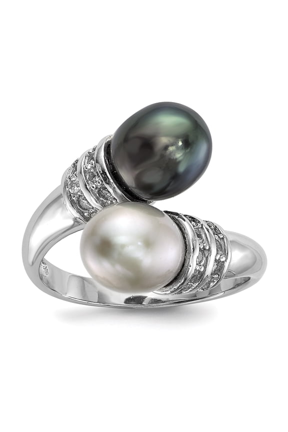 Sterling Silver Rh 7-8mm Black/Grey Rice Fwc Pearl Cz Ring (Size 8) Made In China qr6549-8