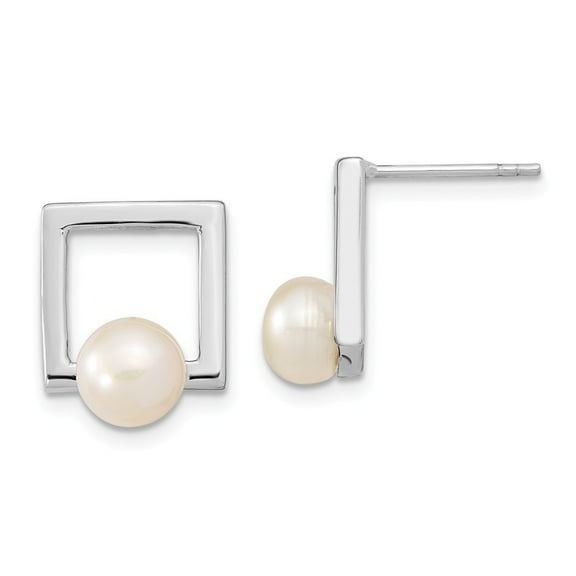 Sterling Silver Rh 7-8mm Button Freshwater Cultured Pearl Square Post Earrings - Measures 14.53x11.4