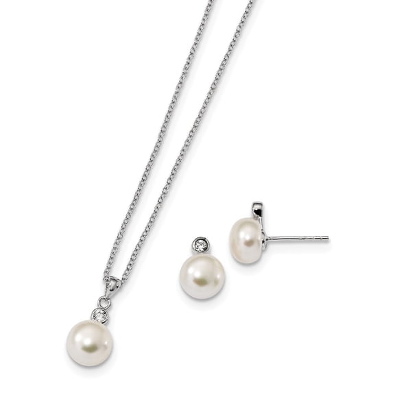 Sterling Silver Rh 8-9mm Freshwater Cultured Pearl Cubic Zirconia Earrings/ Necklace Set