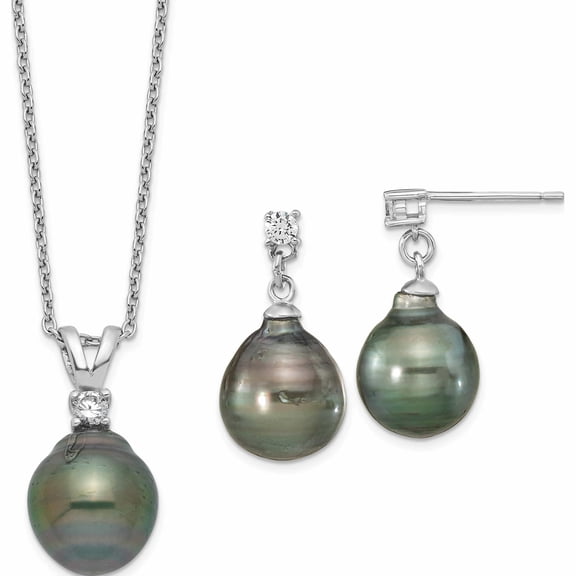 Sterling Silver Rh 9-10mm Teardrop Tahitian Saltwater Pearl Cz Ear&Neck Se (17 X 9.75) Made In China -Jewelry By Sweet Pea