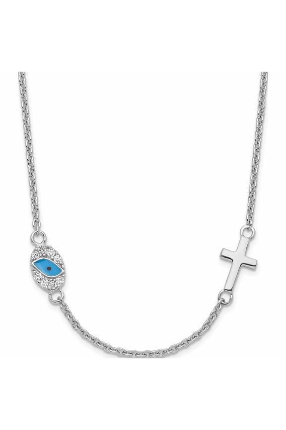 Sterling Silver Rh Cz Enamel Cross With Eye 16.5In 2In Ext Necklace (18.5 X 5.6) Made In Thailand -Jewelry By Sweet Pea
