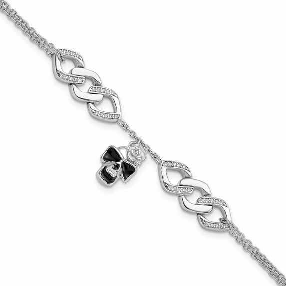 Sterling Silver Rh Cz Enamel Skull With Flower 6.5In 1In Ext Bracelet Made In Thailand -Jewelry By Sweet Pea