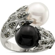 SWEET PEA JEWELLERY Sterling Silver Rh Marcasite Black And White Plastic Imitation Pearl Ring (Size 6) Made In China qr2184-6