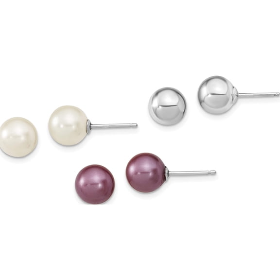 Sterling Silver Rh-Pl 8-9mm Plum/Wht Imitat Shell Pearl Post 3 Earring Set Made In China qe13847set