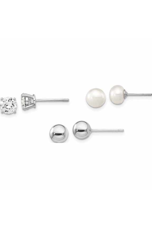 Sterling Silver Rh-Pl Ball/ 6-7mm Button Fwc Pearl/Cz Stud Ear Set Made In Canada -Jewelry By Sweet Pea